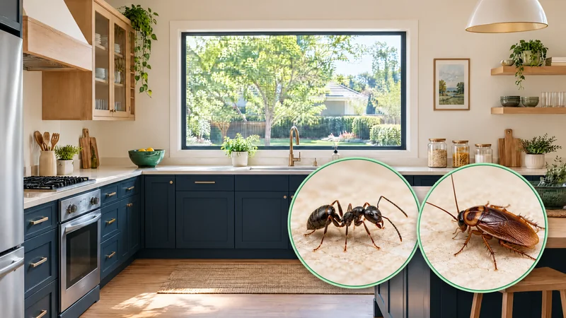 Illustrative kitchen scene with magnified ant and cockroach details