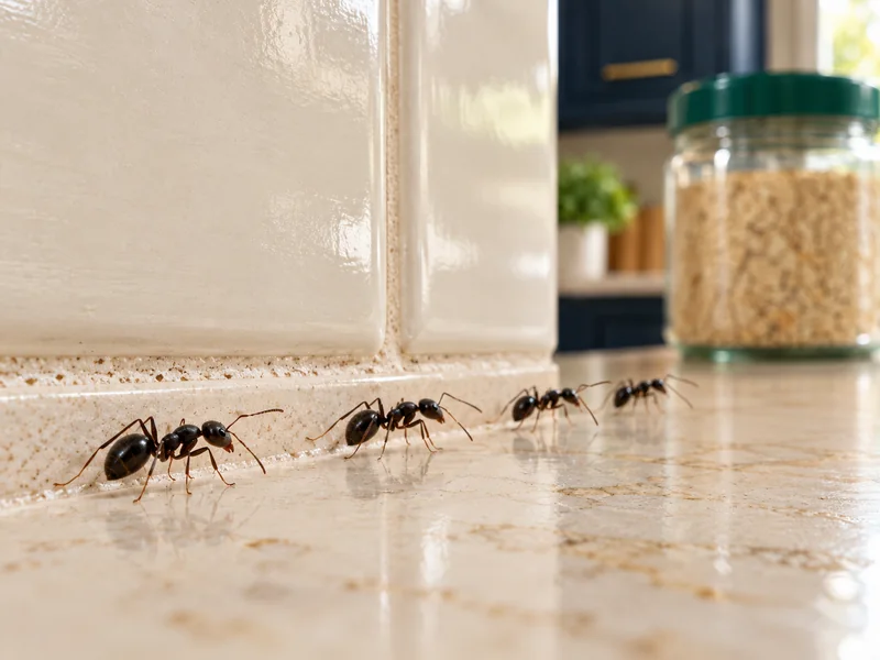 Illustrative ants walking along a kitchen counter near sealed food storage