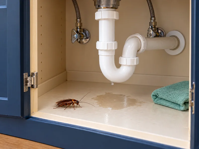 Illustrative cockroach visible beside moisture beneath a kitchen sink